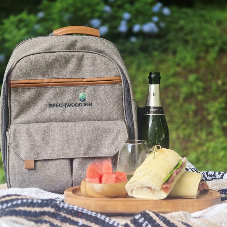 Picnic scene with a Beechwood Inn backpack, a bottle of champagne, a sandwich, and watermelon on a striped blanket outdoors.
