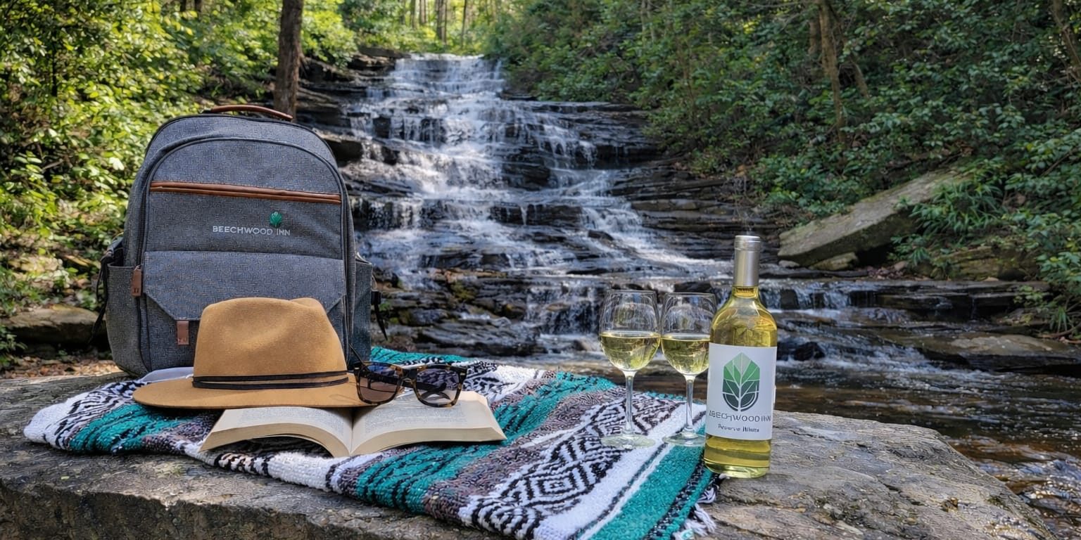 Picnic setup by a forest waterfall: gray backpack, tan hat, sunglasses, open book, and a bottle of wine with two glasses on a patterned blanket.