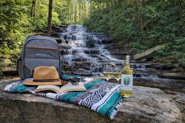 Picnic setup by a forest waterfall: gray backpack, tan hat, sunglasses, open book, and a bottle of wine with two glasses on a patterned blanket.