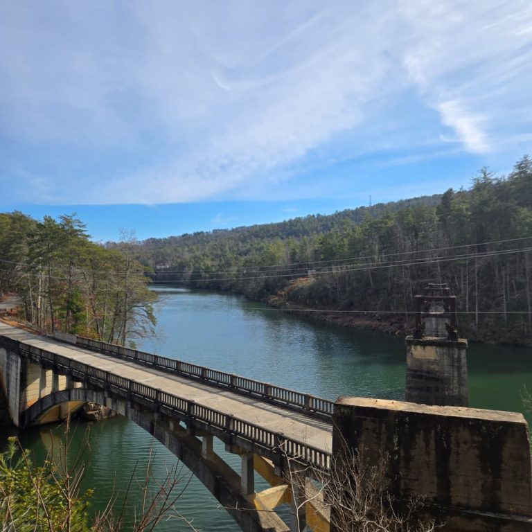 Concrete arch bridge spanning a calm river, railing along the walkway, with forested hills and a bright blue sky in the background.