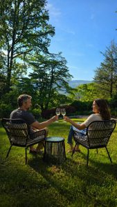 Couple sitting in wicker chairs on a sunny lawn, clinking white wine glasses in a garden.