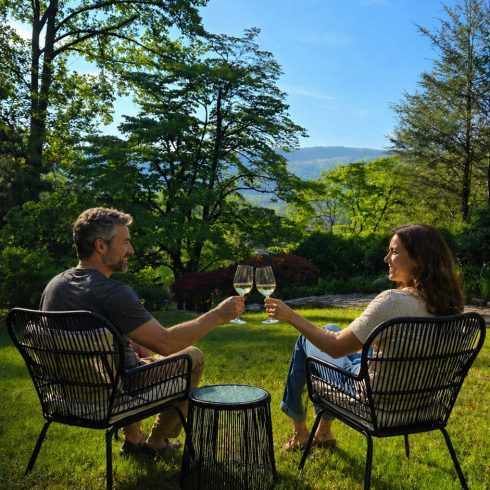 Couple sitting in wicker chairs on a sunny lawn, clinking white wine glasses in a garden.