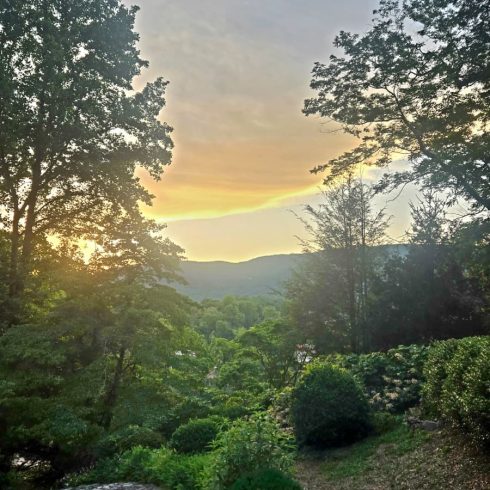 Stone path winding through a lush garden at sunset, with trees and distant hills under a golden sky.