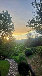 Sunset over a valley framed by tall trees, with a stone garden path in the foreground.