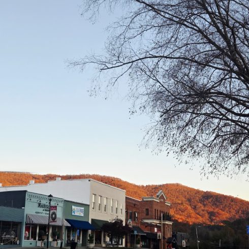 Street view of a small-town main street in Clayton, GA, with storefronts, leafless tree branches overhead, and autumn hills in the distance.