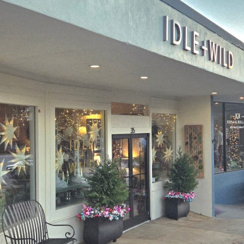 Storefront of Idle Wild shop in Clayton, GA, with holiday lights in the windows and festive wreaths in large planters outside.