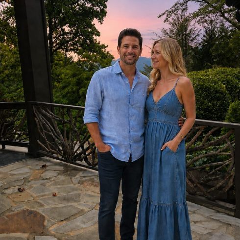 Couple standing on a stone patio at sunset, arms around each other, wearing blue denim outfits and smiling.