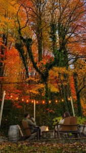 Backyard patio in autumn with orange and yellow trees, string lights, a small fire pit, and two people seated in Adirondack chairs.