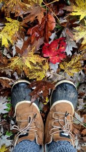 Pair of brown hiking boots standing on a bed of wet autumn leaves in red, yellow, and brown colors.
