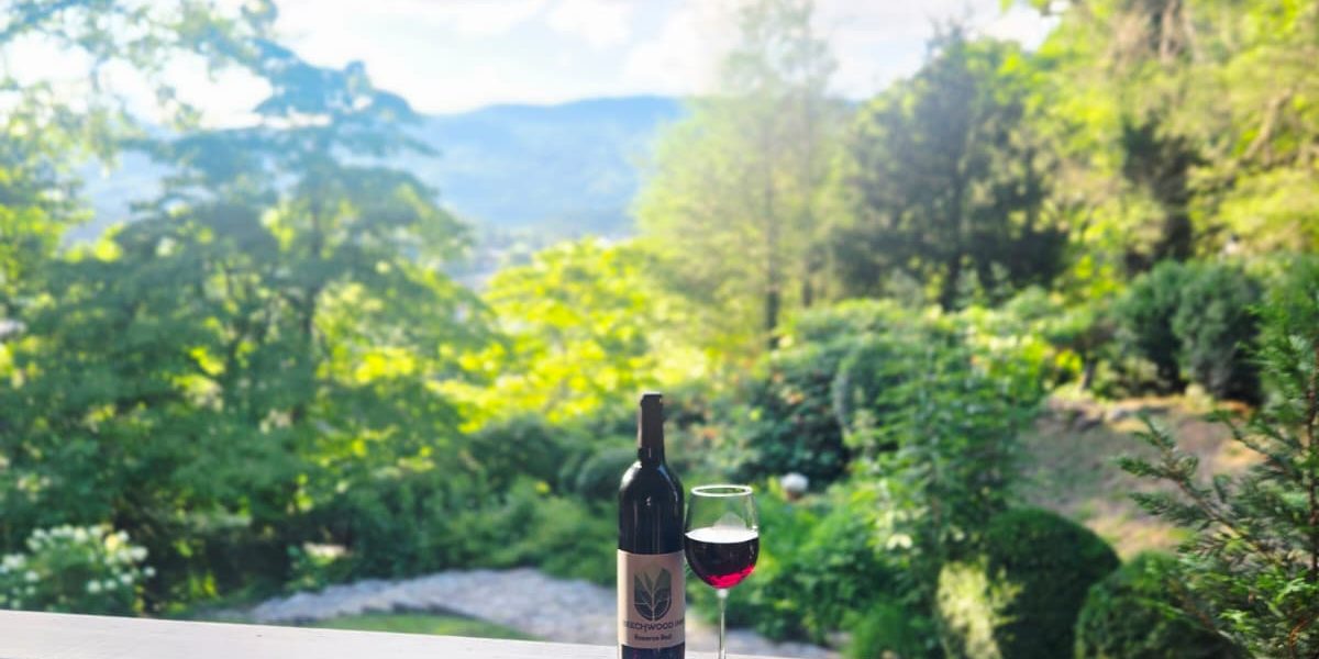 A bottle of red wine and a filled wine glass on a railing, with a lush green garden and blue sky in the background.