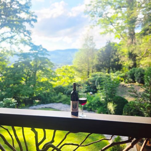 A bottle of red wine and a filled wine glass on a railing, with a lush green garden and blue sky in the background.