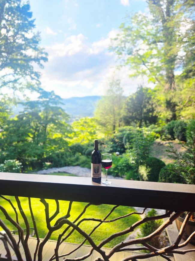 A bottle of red wine and a filled wine glass on a railing, with a lush green garden and blue sky in the background.