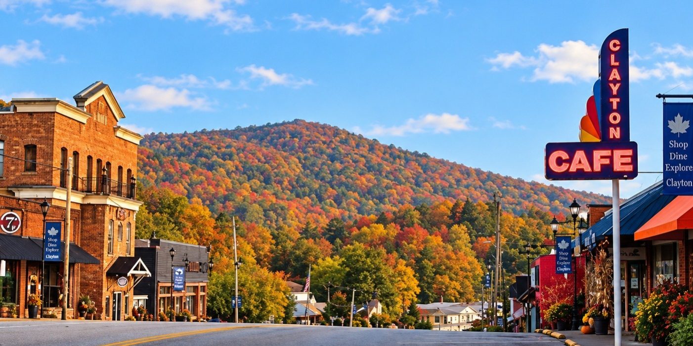 Small-town street with brick buildings, storefronts, and fall-colored trees on a hill under a bright blue sky; a prominent neon 'CAFE' sign and vertical 'Clayton' sign on the right.