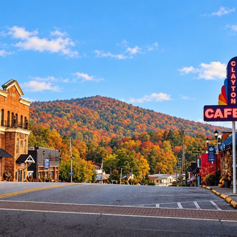 Downtown Clayton, Georgia Fall Main Street Small-town street with brick buildings, storefronts, and fall-colored trees on a hill under a bright blue sky; a prominent neon 'CAFE' sign and vertical 'Clayton' sign on the right.