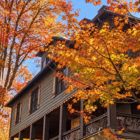 Beechwood Inn front porch framed by brilliant orange autumn foliage