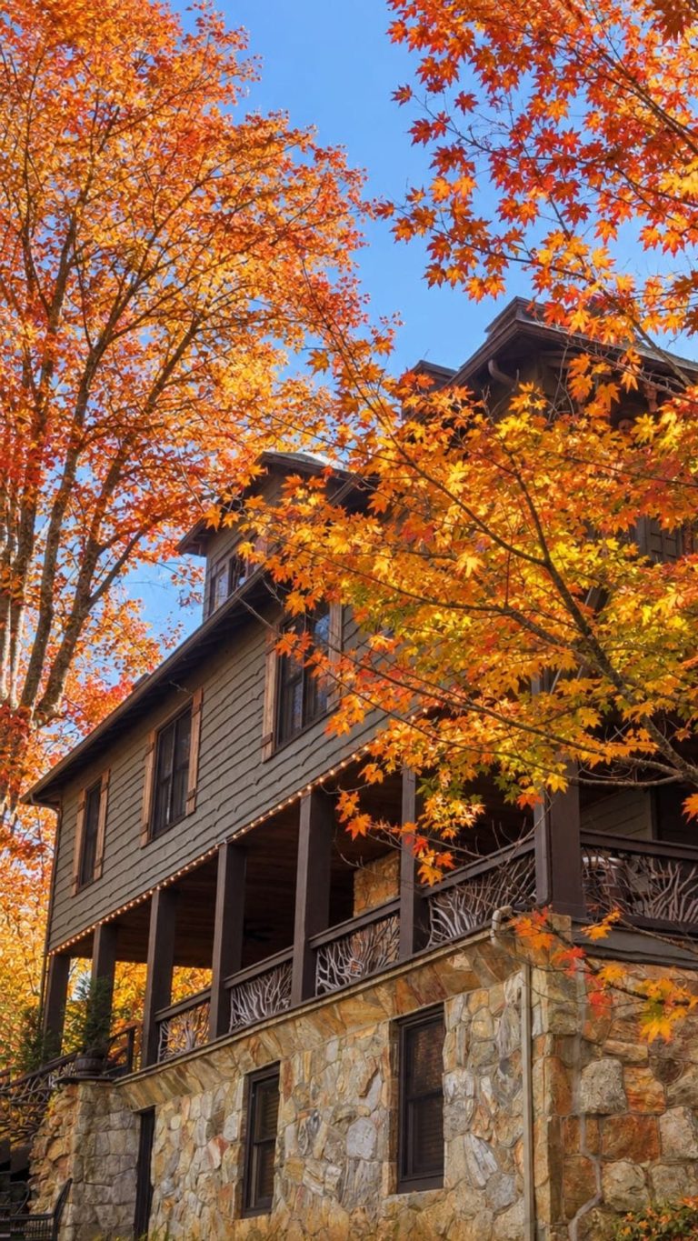 Beechwood Inn front porch framed by brilliant orange autumn foliage