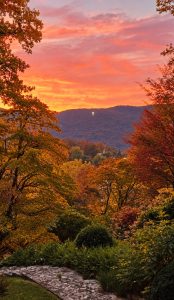 Orange and pink sunset over North Georgia mountain ridges framed by autumn foliage