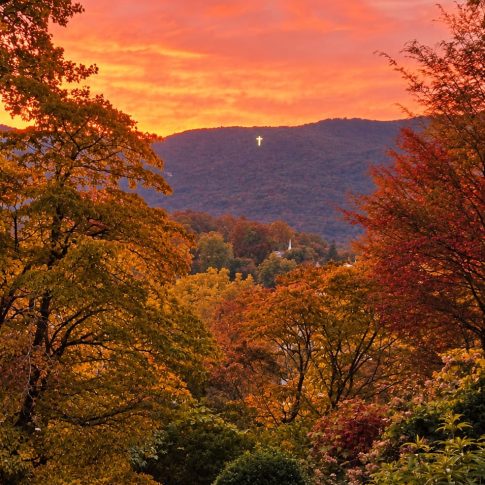 Orange and pink sunset over North Georgia mountain ridges framed by autumn foliage