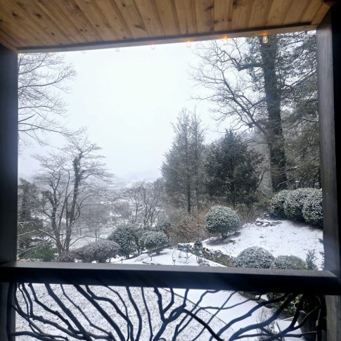 View from the Beechwood Inn porch across snow-covered gardens and trees