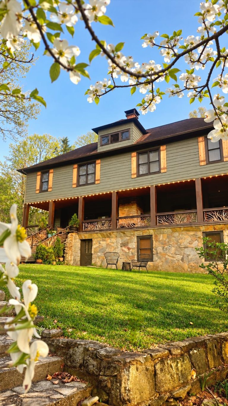 Beechwood Inn farmhouse and green lawn framed by spring blossoms