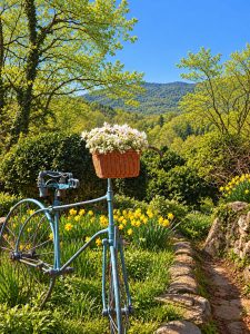 Blue garden bicycle with a basket of white flowers beneath a bright spring sky