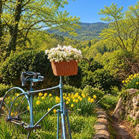 Blue garden bicycle with a basket of white flowers beneath a bright spring sky