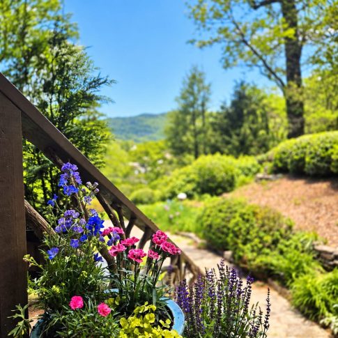 Colorful potted flowers beside the Beechwood Inn porch overlooking green mountain gardens